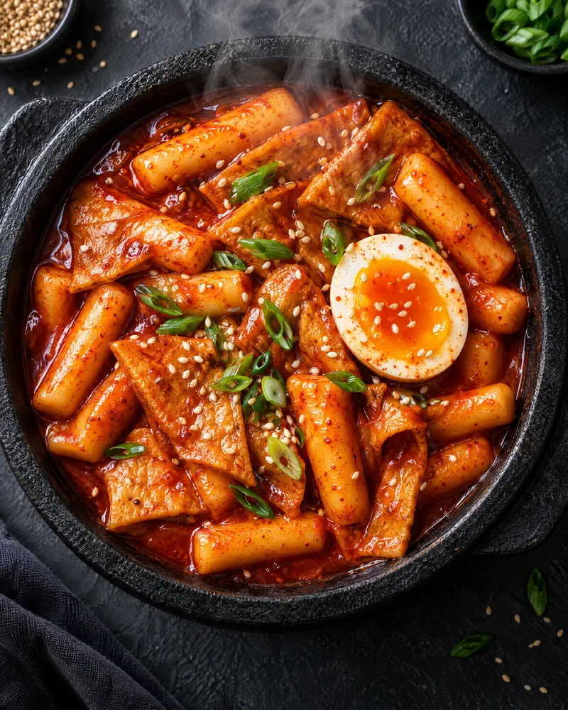 돌판에 담긴 떡볶이와 반숙 달걀