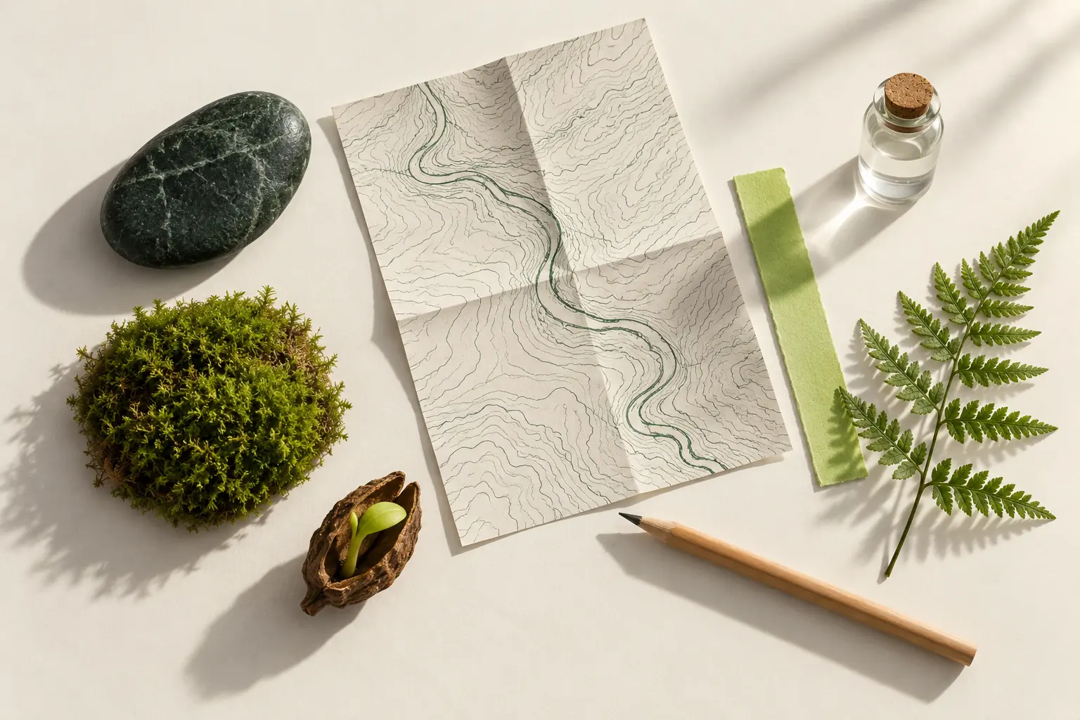 A안 GREEN HORIZON의 재료 보드: 종이 위에 놓인 짙은 초록 강돌과 이끼, 싹이 튼 씨앗, 강줄기가 그려진 지형도, 라임색 종이 띠, 강물이 담긴 유리병과 고사리