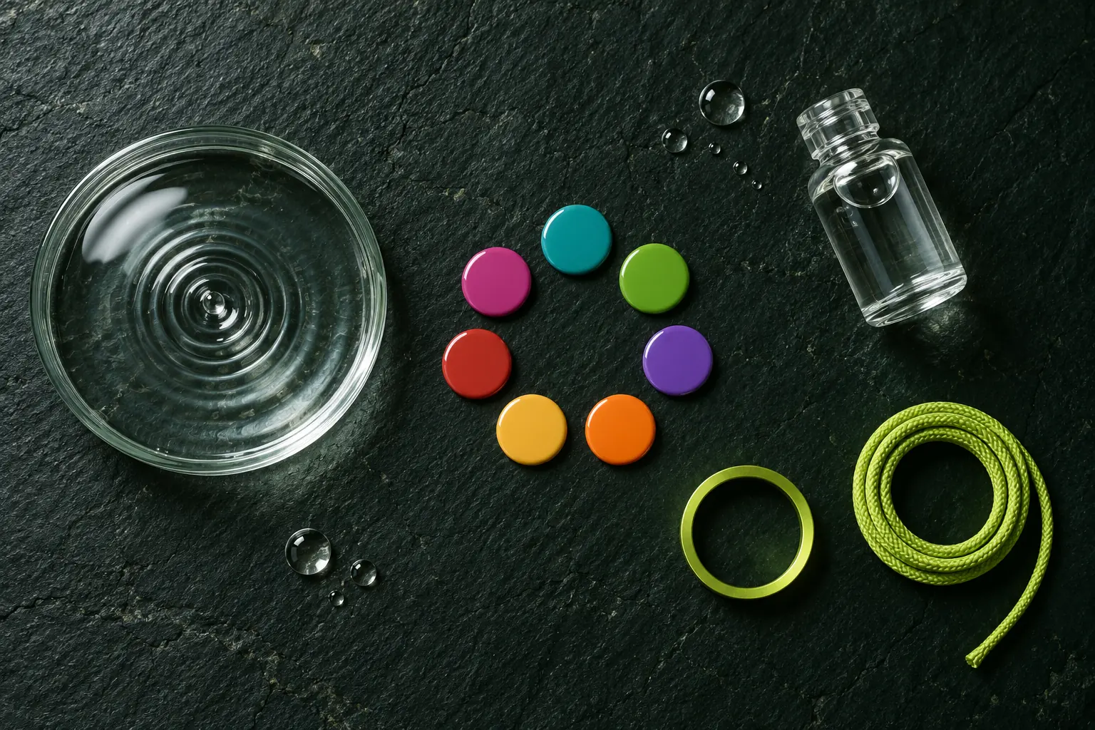 B안 GREEN CYCLE의 재료 보드: 먹색 판 위에 놓인 물이 담긴 유리 접시와 파문, 원을 이룬 일곱 색의 원판, 라임색 고리와 끈, 수질 시료병