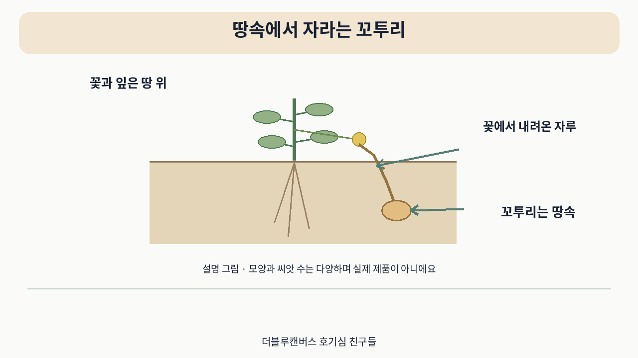 소개 영상의 설명 그림 · 땅속에서 자라는 꼬투리. 실제 사용 사진이 아니에요.