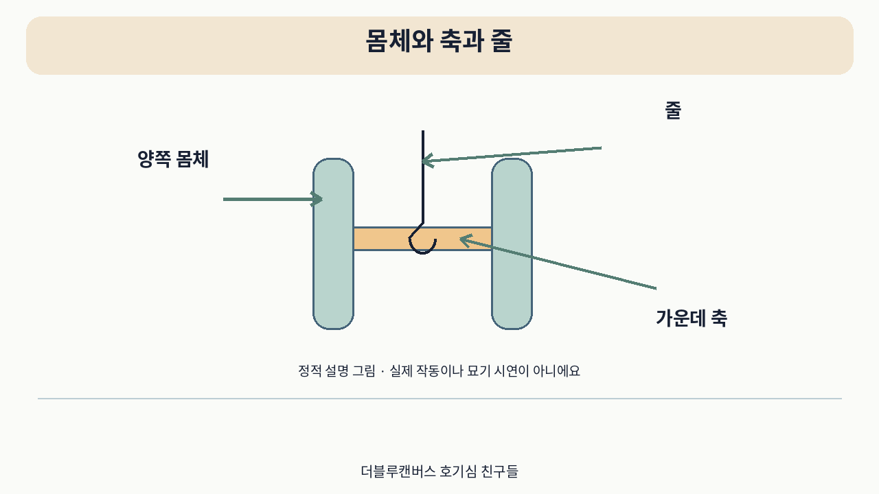 소개 영상의 설명 그림 · 몸체와 축과 줄. 실제 작동 시연이 아니에요.