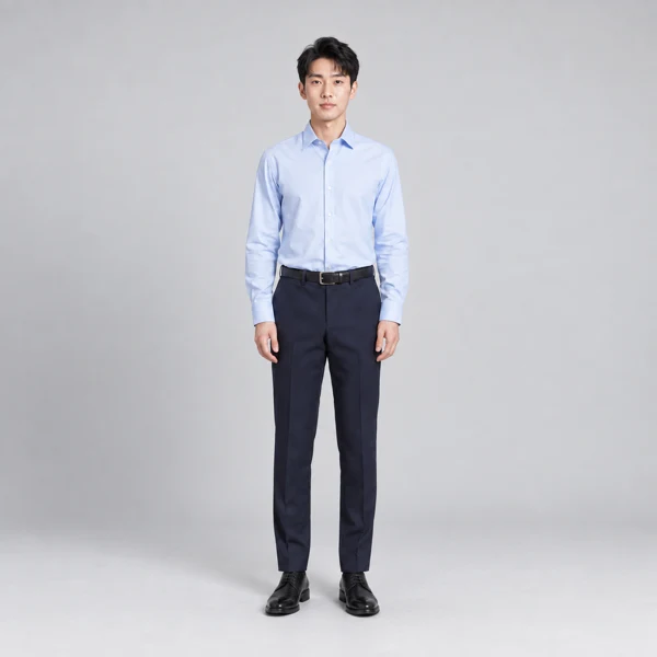 하늘색 셔츠와 슬랙스 차림의 남성