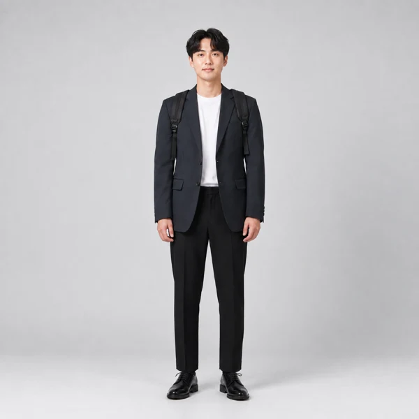 검정 정장에 흰 티셔츠를 입은 남성