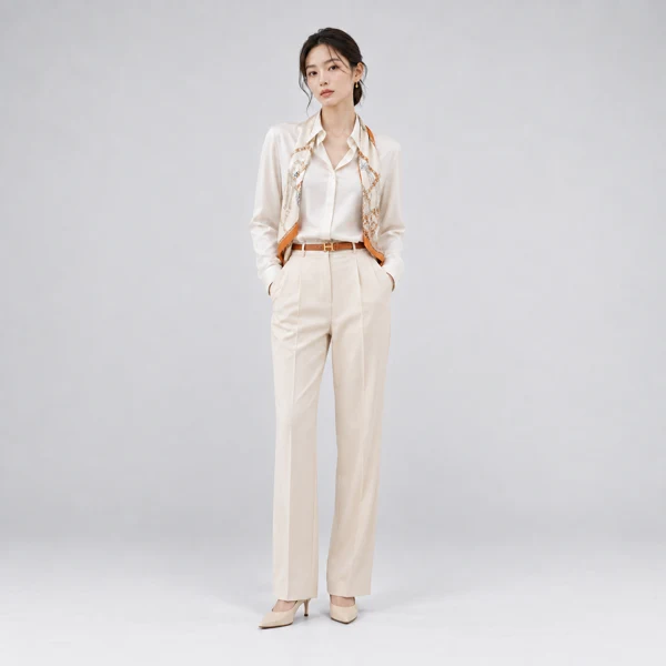 아이보리 셔츠와 와이드 팬츠 차림의 여성