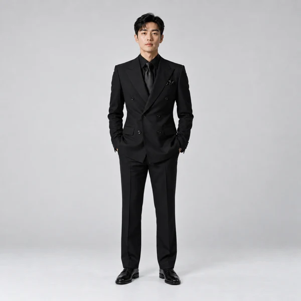 올블랙 정장 차림의 남성