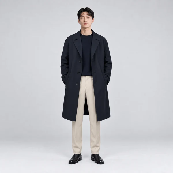 롱 코트와 베이지 팬츠 차림의 남성